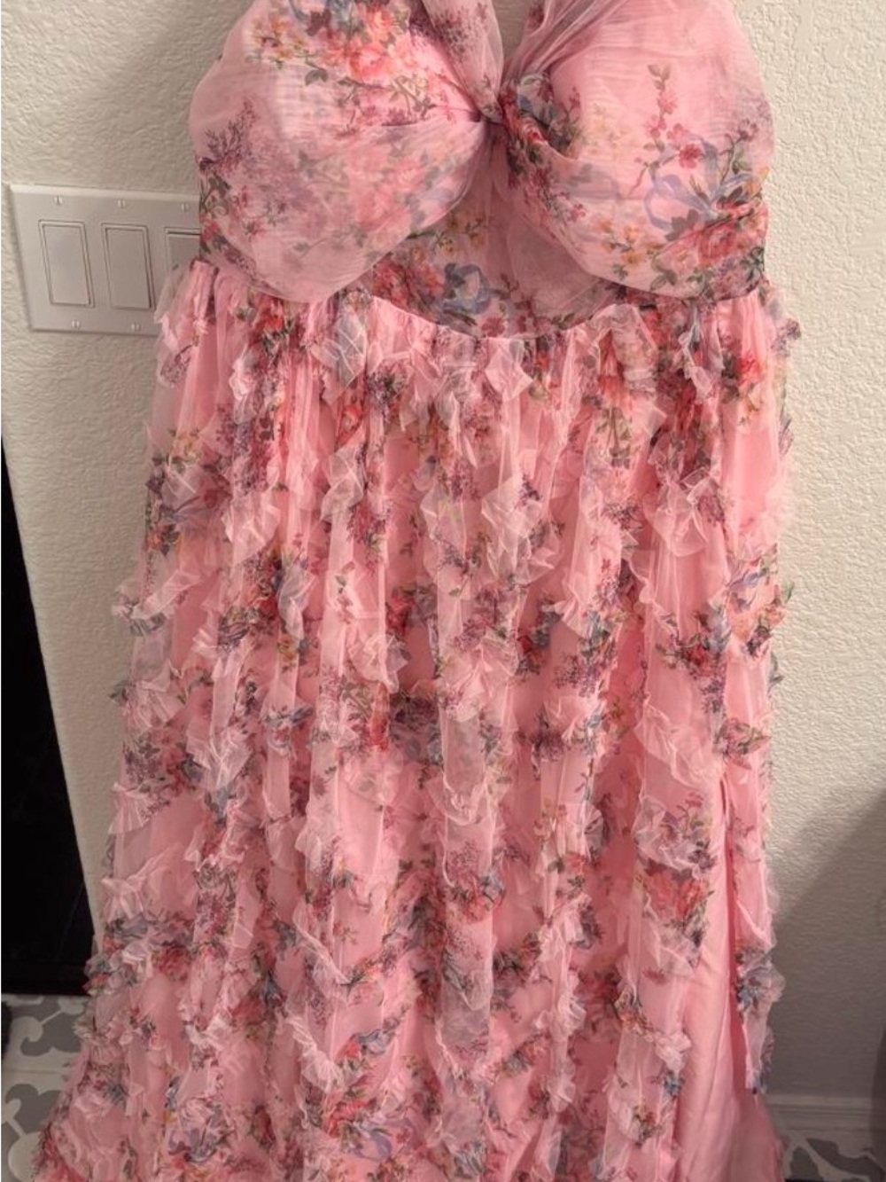 Feariesty Pink Floral Ruffle Strapless Formal Dress
